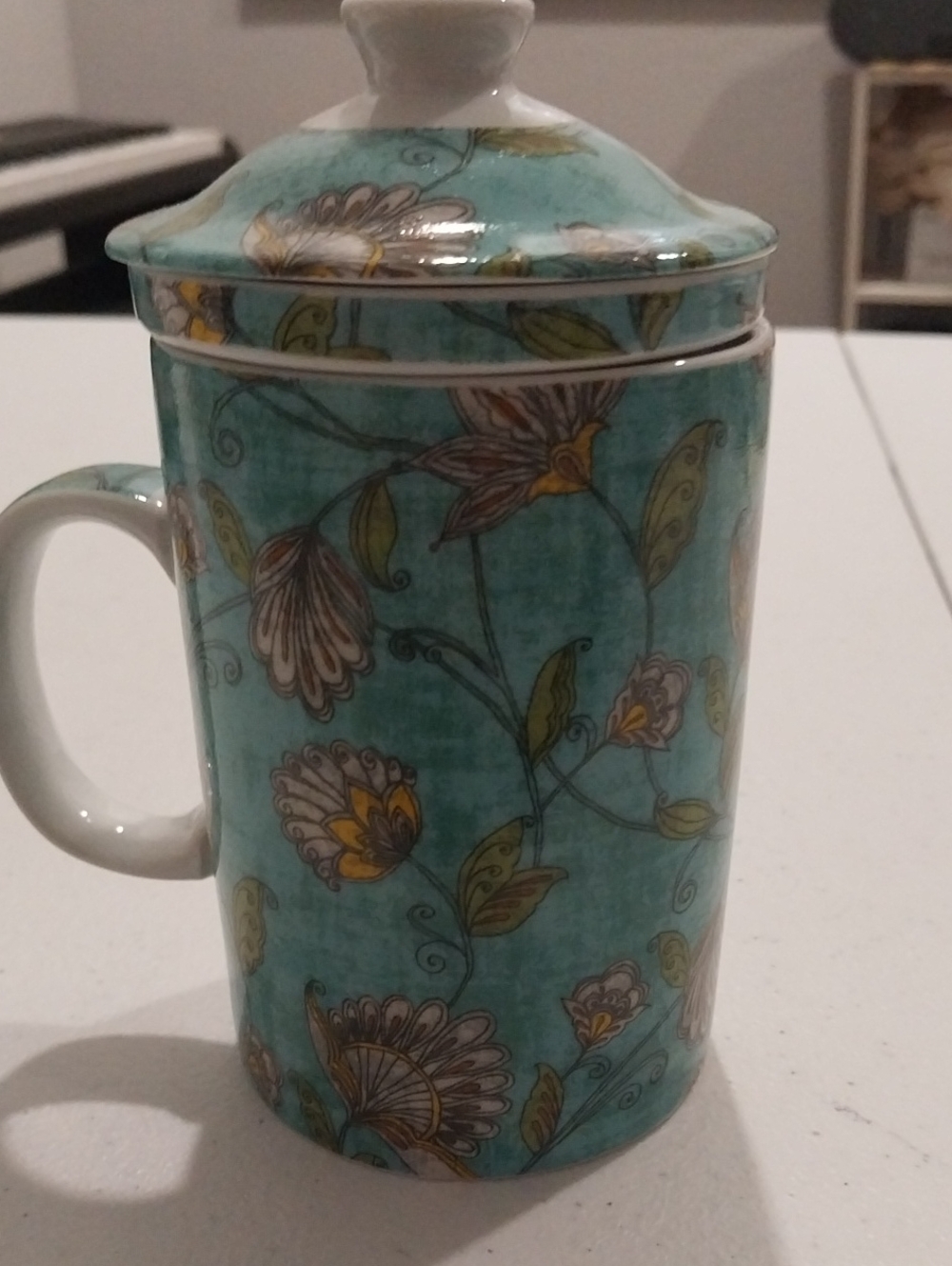 Cost Plus World Market Teal Floral Lidded Ceramic Mug